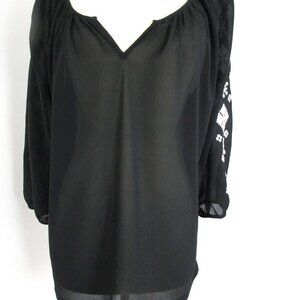 Old Navy Blouse Women's XL Black Embroidered Long Sleeve Split Neck Polyester